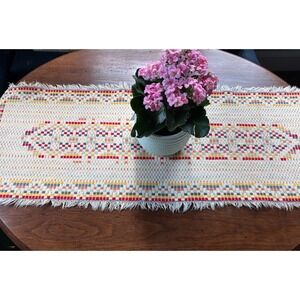 Handwoven Geometric Cotton Table Runner Multi-Color Boho Fringed MCM 12x48